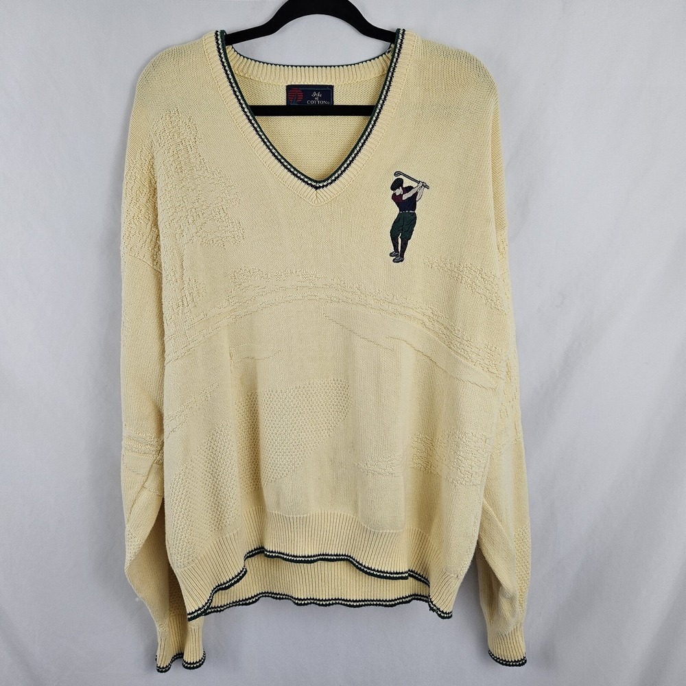 Isle of Cotton Golf Sweater Mens Large Yellow Knit Embroidered Golfer Vintage